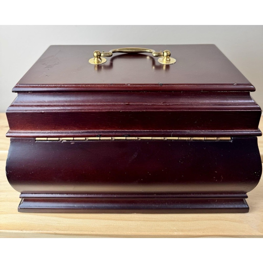 VTG Bombay Style Wooden Jewelry Box  Brass Cherry‎ Tone Red Velvet Interior - Picture 7 of 10